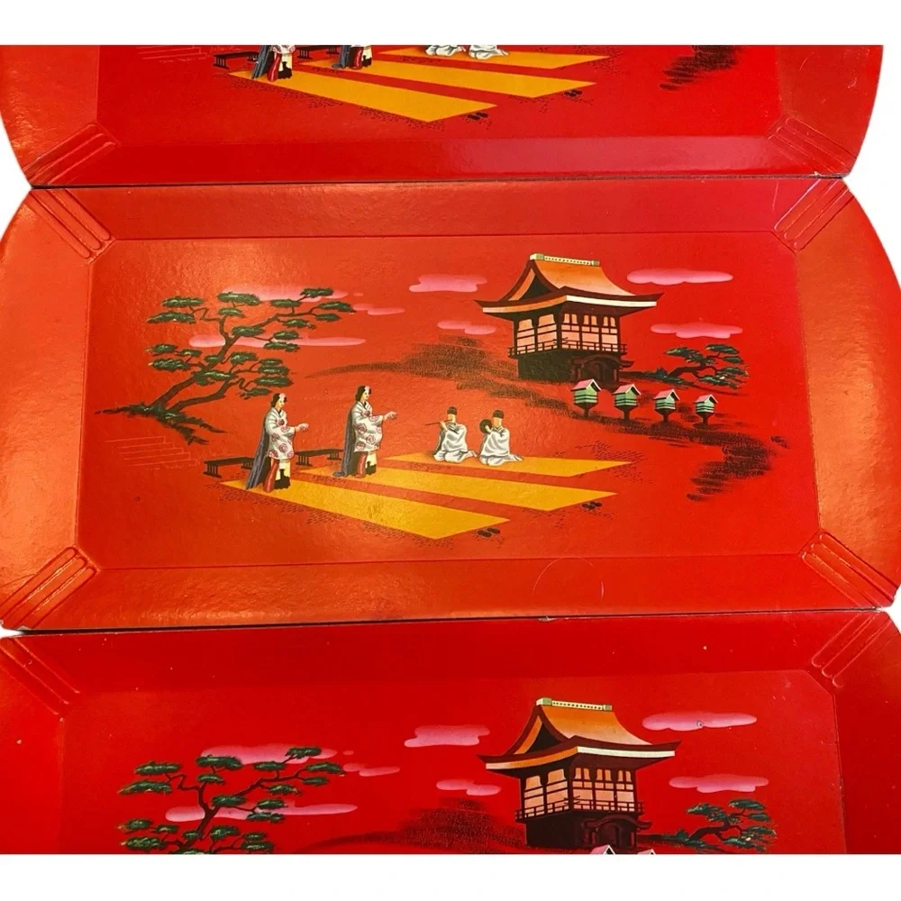 Vintage Hasko Deluxe Lap Trays Red Asian Pagoda Scene MCM Set of 4